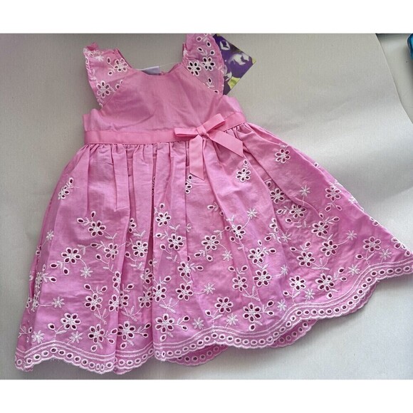 Blueberi Boulevard Baby Girls Floral Eyelet Trim Belted Dress Pink 18 Months - Picture 2 of 4